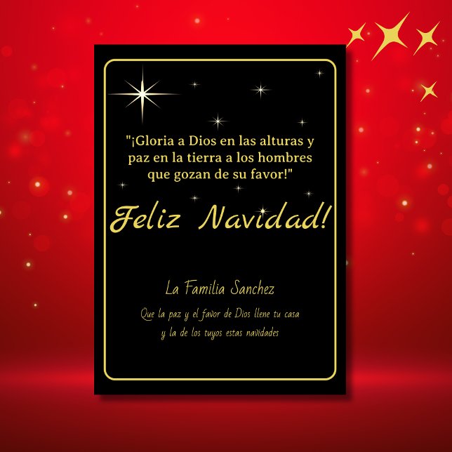 Feliz Navidad Golden & Black Luke 2:14 Verse Holiday Card (Spanish Christmas Card Black customizable text & greetings. with Bible verse. Con Jesus en el camino)