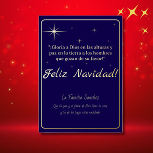 Feliz Navidad Golden & Blue Luke 2:14 Verse Foil Holiday Card