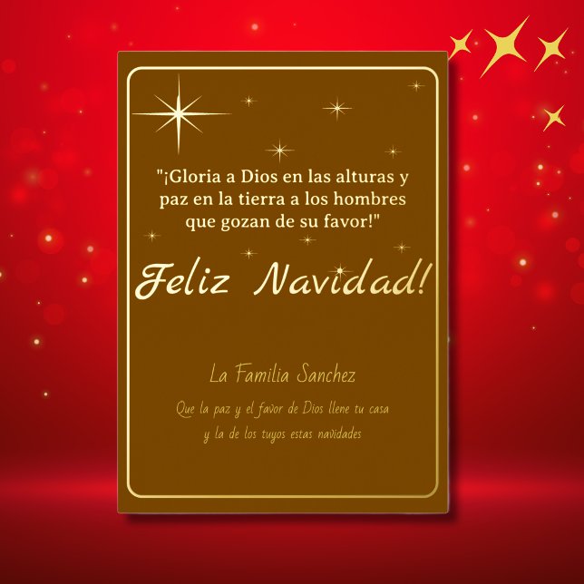 Feliz Navidad Golden & Brown Luke 2:14 Verse Foil Holiday Card (Spanish Foil Christmas card Brown, customizable text & Year. Con Jesus en el camino)