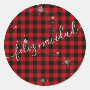 Feliz Navidad Guión Plateado Moderno y Tartán Rojo Classic Round Sticker