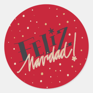 Feliz Navidad, Happy Christmas, Red, Gold Classic Round Sticker