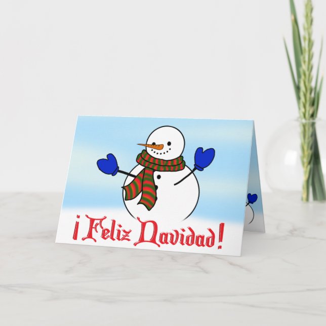 Feliz Navidad - Happy Snowman w/Blue Mittens Holiday Card (Front)