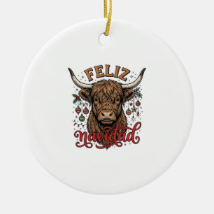 Feliz Navidad Highland Cow Vintage Christmas Shirt Ceramic Tree Decoration