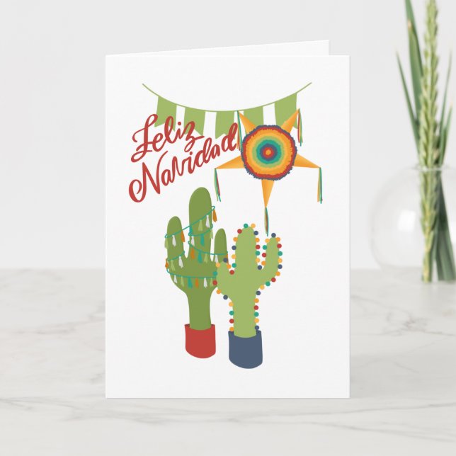Feliz Navidad holiday card with decorated cactus (Front)