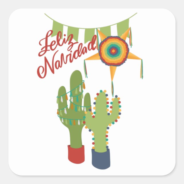 Feliz Navidad holiday card with decorated cactus Square Sticker (Front)