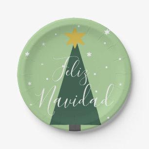 Feliz Navidad holiday green tree snow and stars    Paper Plate