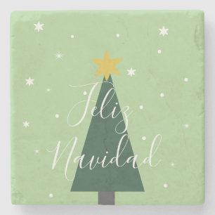 Feliz Navidad holiday green tree snow and stars    Stone Coaster