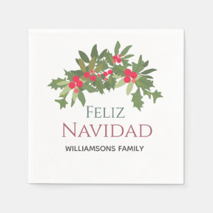 Feliz Navidad holly berry Christmas holiday Napkin