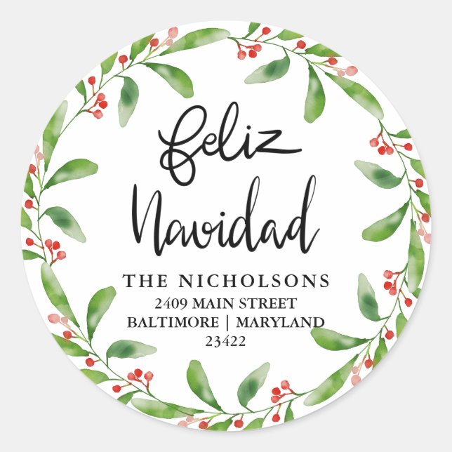 Feliz Navidad Holly Wreath | Return Address Classic Round Sticker (Front)