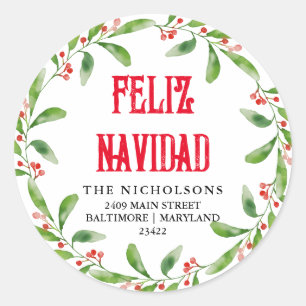 Feliz Navidad Holly Wreath   Return Address Classic Round Sticker