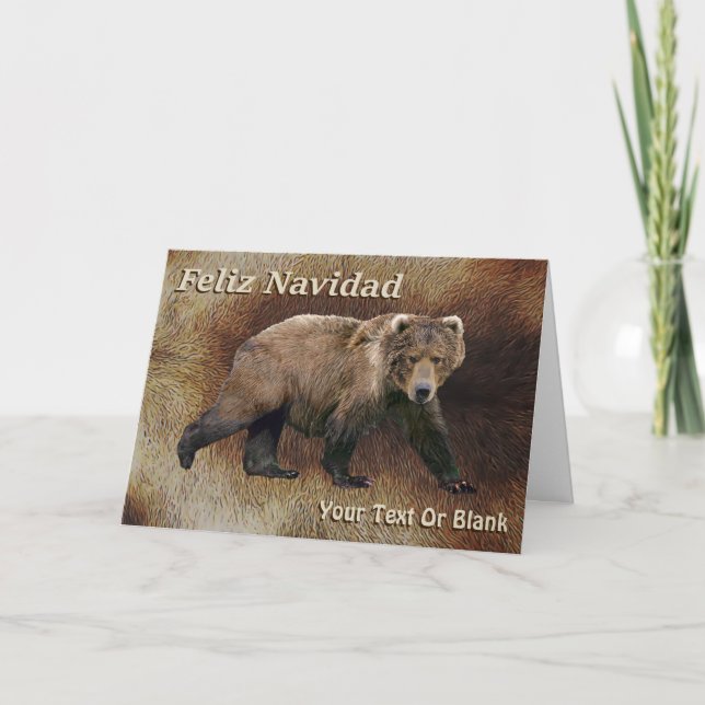 Feliz Navidad - Kodiak Bear On Caribou Fur Holiday Card (Front)