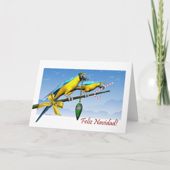Feliz Navidad Macaw Parrot Spanish Christmas Card (Front)