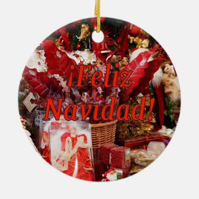 ¡Feliz Navidad! Merry Christmas in Spanish rf Ceramic Tree Decoration (Back)
