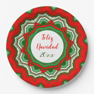 Feliz Navidad Merry Christmas Red Green White Paper Plate