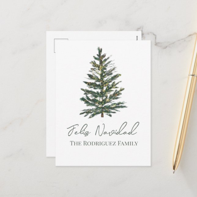 Feliz Navidad-Merry Christmas Tree and Lights  Holiday Postcard (Front/Back In Situ)