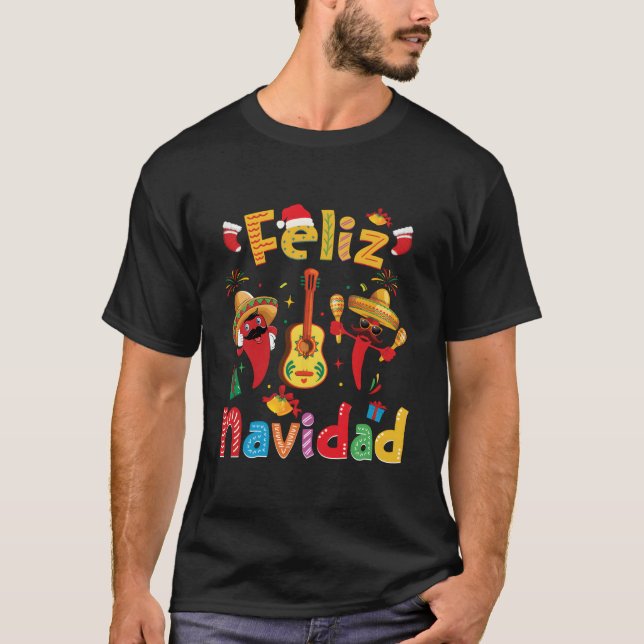 Feliz Navidad Mexican Fiesta Hot Pepper Guitar Py T-Shirt (Front)
