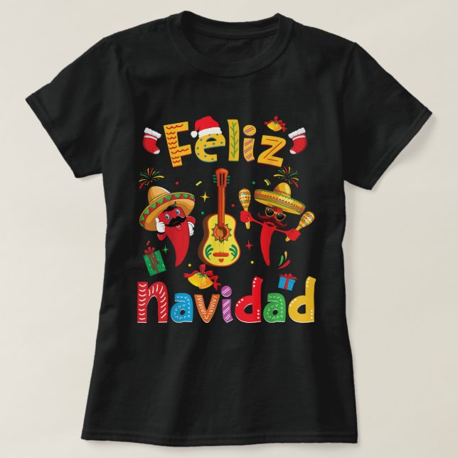 Feliz Navidad Mexican Fiesta Hot Pepper Guitar Xma T-Shirt (Design Front)