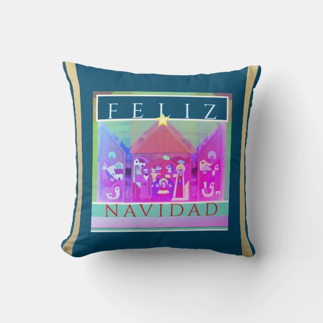 Feliz Navidad Mexican Nativity on Ocean Blue Cushion (Front)
