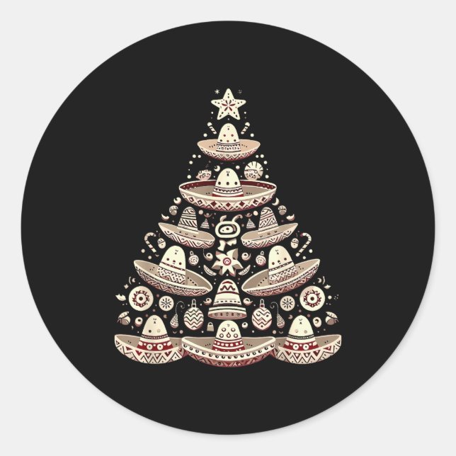 Feliz Navidad Mexican Sombrero Christmas Tree Men  Classic Round Sticker (Front)