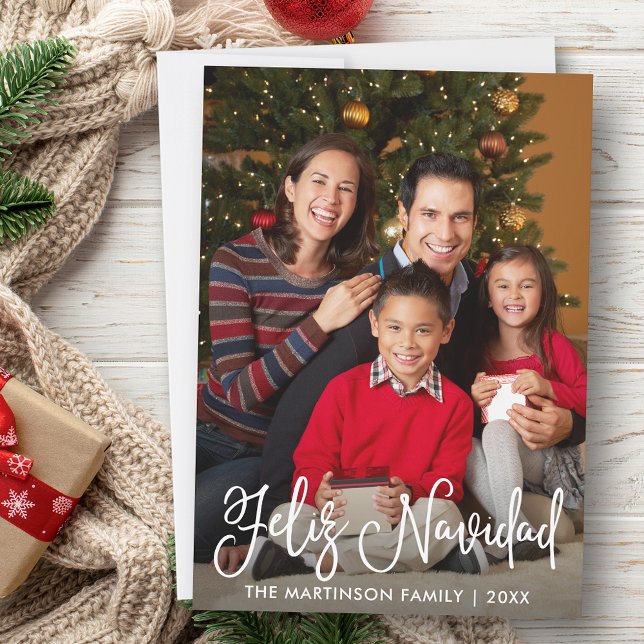 Feliz Navidad Modern Calligraphy Script Photo Holiday Card (Customize to add text to back of card.)