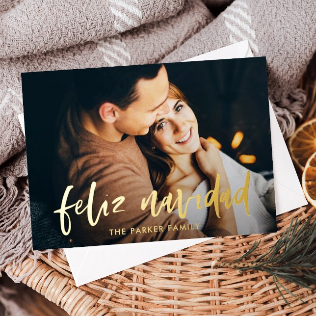 Feliz Navidad | Modern Spanish Two Photo Christmas Foil Holiday Card (An elegant, gold foil Spanish Christmas card with two photos)