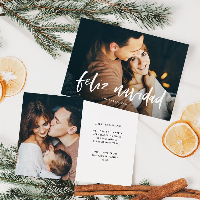 Feliz Navidad | Modern Spanish Two Photo Christmas Holiday Card (An elegant, Spanish Christmas magnetic card with two photos)