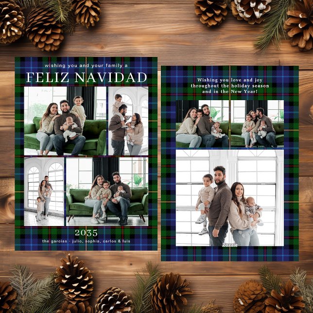 Feliz Navidad Multi Photo Grren Plaid Holiday Card (Creator Uploaded)