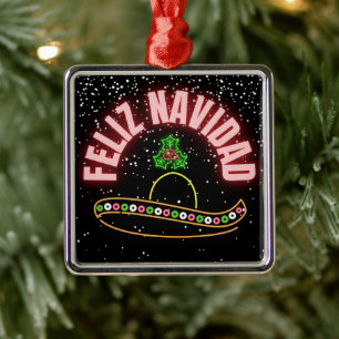 Feliz Navidad Neon Sombrero Holiday  Metal Tree Decoration