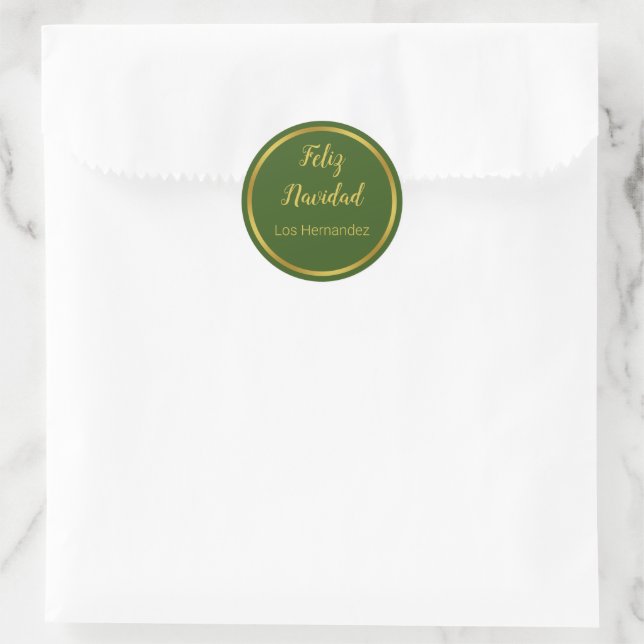 Feliz Navidad Oro y Verde Oscuro con Nombre Classic Round Sticker (Bag)