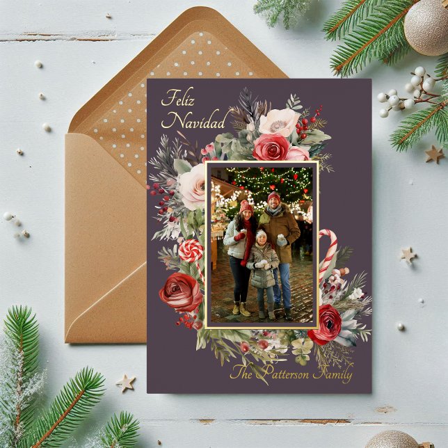 Feliz Navidad Photo Floral Foil Spanish Foil Holiday Card (Creator Uploaded)