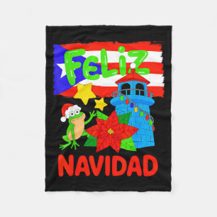 Feliz Navidad Puerto Rico Flag Floral Frog Boricua Fleece Blanket