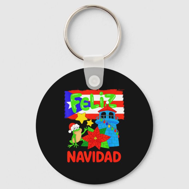 Feliz Navidad Puerto Rico Flag Floral Frog Boricua Key Ring (Front)