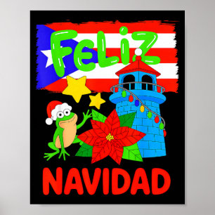 Feliz Navidad Puerto Rico Flag Floral Frog Boricua Poster