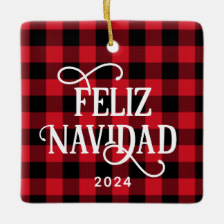 Feliz Navidad Red Buffalo Plaid Family Photo Ceramic Ornament