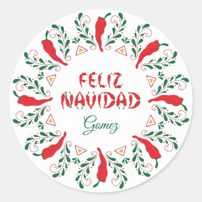 Feliz Navidad Red Chile Pepper Classic Round Sticker (Front)