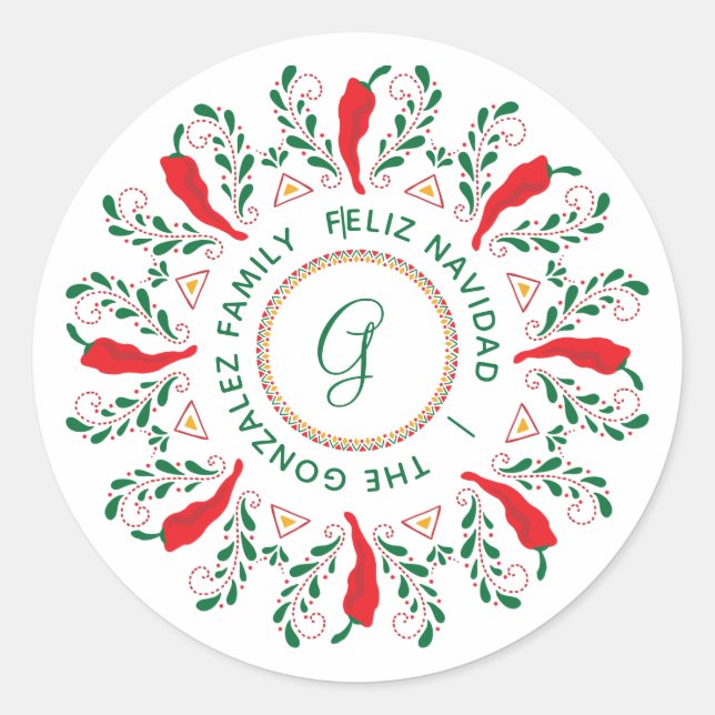 Feliz Navidad Red Chile Pepper Classic Round Sticker (Front)