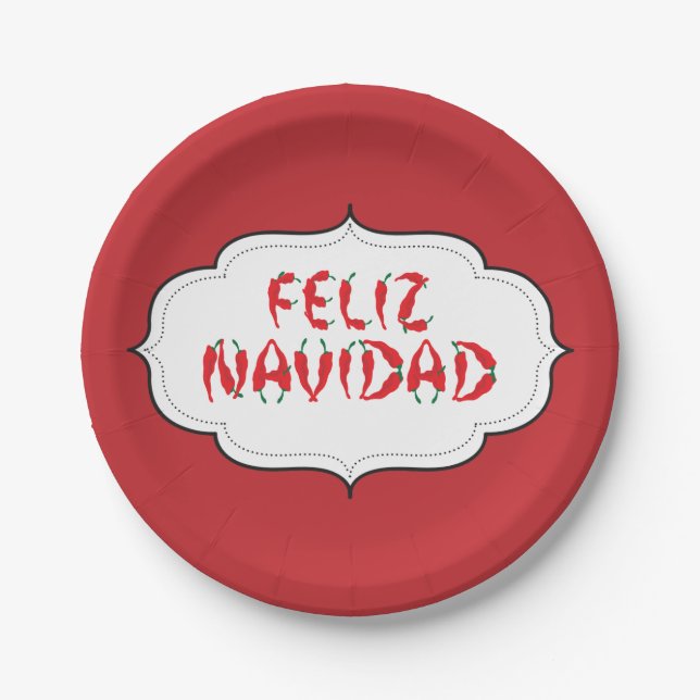 Feliz Navidad Red Chile Pepper Paper Plate (Front)