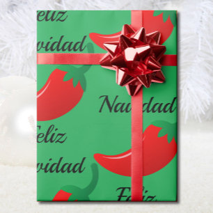 Feliz Navidad Red Chilli & Green Christmas Gift Wrapping Paper