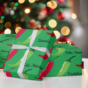 Feliz Navidad Red Chilli & Green Christmas Gift Wrapping Paper
