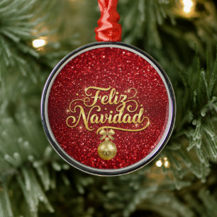 Feliz Navidad, red glitter, Metal Tree Decoration