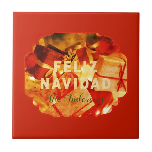 Feliz Navidad Red Gold Green Family Name Elegant Tile (Front)