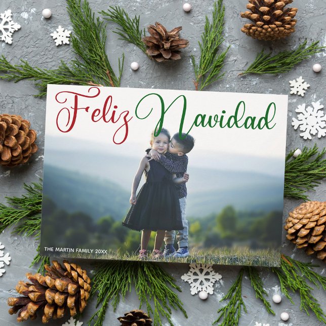 Feliz Navidad Red Green Script Photo Spanish Holiday Card (Creator Uploaded)
