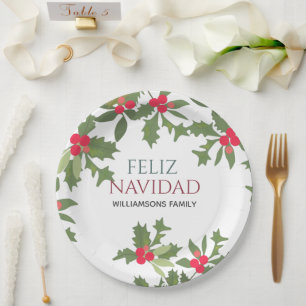 Feliz Navidad Red Holly Berries Christmas Dinner Paper Plate