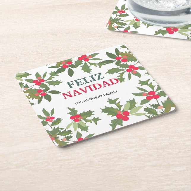 Feliz Navidad Red Holly Berries Christmas     Square Paper Coaster (Angled)
