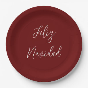 Feliz Navidad Red Merry Christmas Script Paper Plate