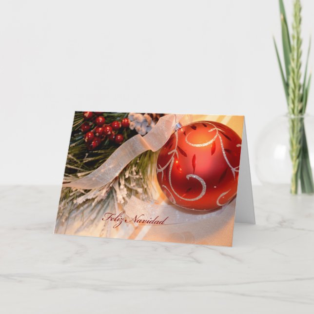 Feliz Navidad Red Ornament Holiday Card (Front)