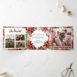 Feliz Navidad   Red Poinsettia Floral Family Photo Tri-Fold Holiday Card