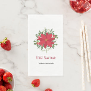 Feliz Navidad Red Poinsettia Floral Holiday Napkin
