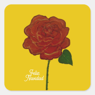 Feliz Navidad Red Rose Painted Square Sticker