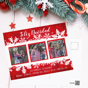 Feliz Navidad Red Snowflake 3 Photo Festive Family Postcard